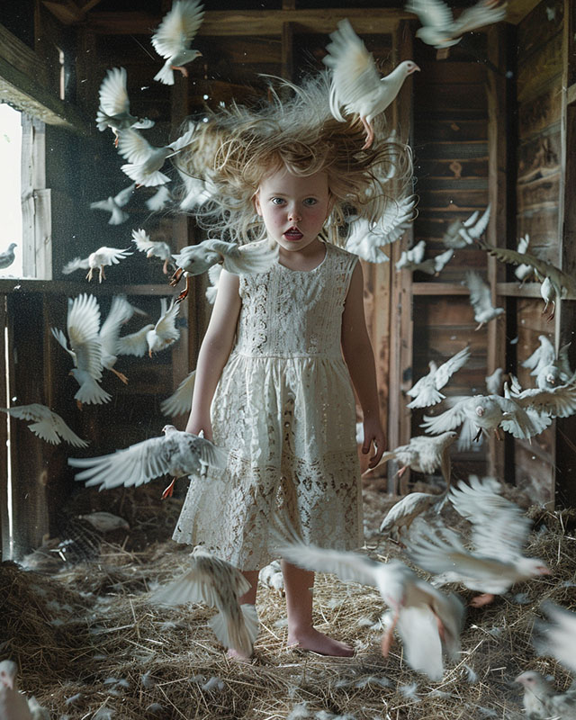 All In Wind Mädchen mit Tauben — Sanne Jerxsen KI-Kunst